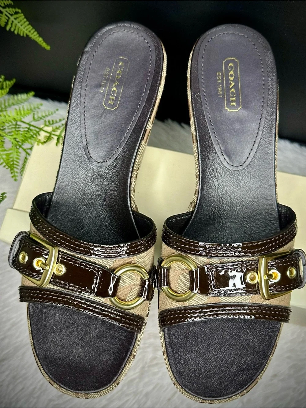 Coach Y2K Jewel Brown Brass Signature Buckle Wedge Sandal Slides Size 9.5 womens